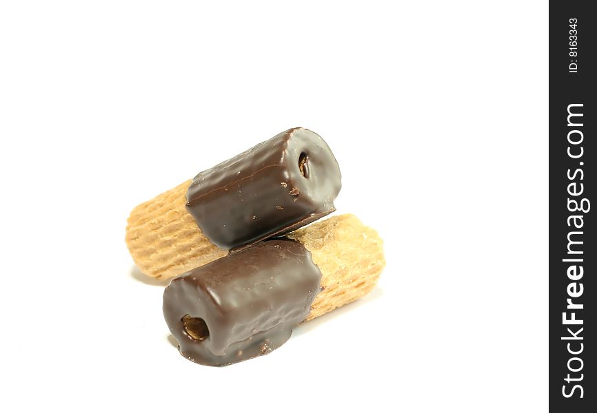 Wafers with chocolate, isolated on white background