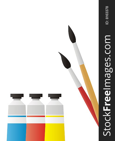 On a white background three tubes with a paint are located. On tubes colour labels. Near to them there are brushes. On a white background three tubes with a paint are located. On tubes colour labels. Near to them there are brushes.