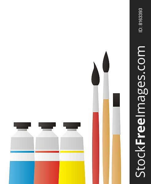 On a white background three tubes with a paint are located. On tubes colour labels. Near to them there are brushes. On a white background three tubes with a paint are located. On tubes colour labels. Near to them there are brushes.