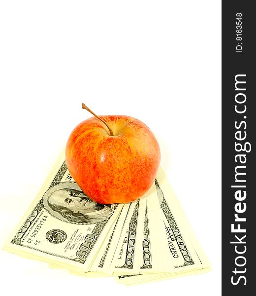Banknotes of dollars and apple isolated on a white background