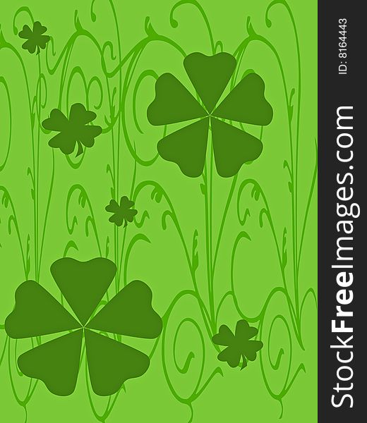 Clovers of different sizes and colors on a green background. Clovers of different sizes and colors on a green background.