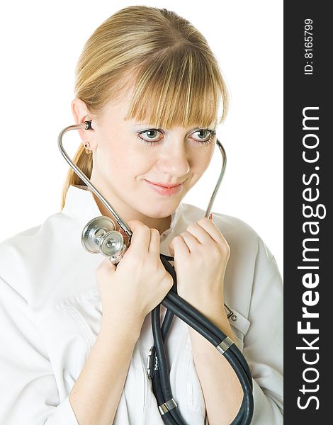 Young female doctor. Isolated on white background