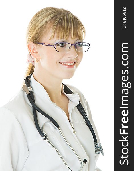 Young female doctor. Isolated on white background