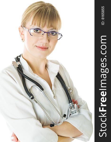 Young female doctor. Isolated on white background