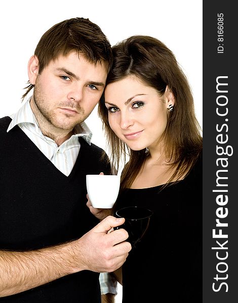 Stock photo: an image of a man and a woman with cups. Stock photo: an image of a man and a woman with cups