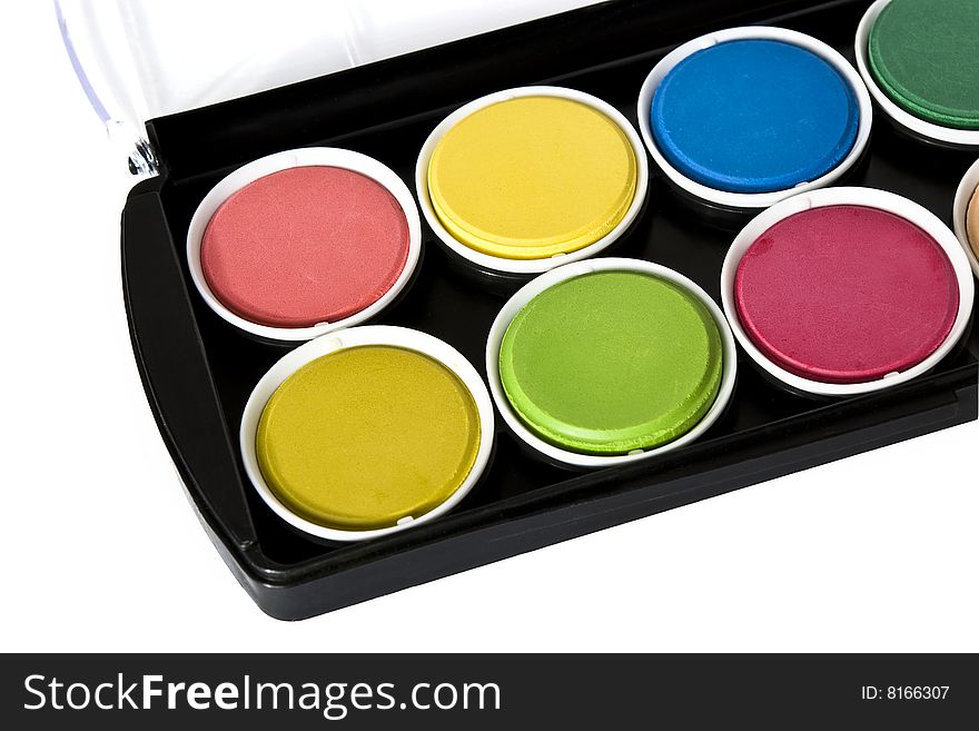 Black box of watercolors isolated on a white background