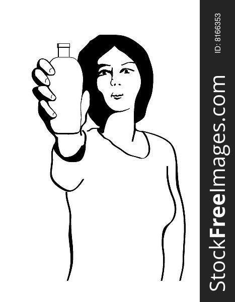 Black and white drawing - woman with small bottle in her hand. Black and white drawing - woman with small bottle in her hand