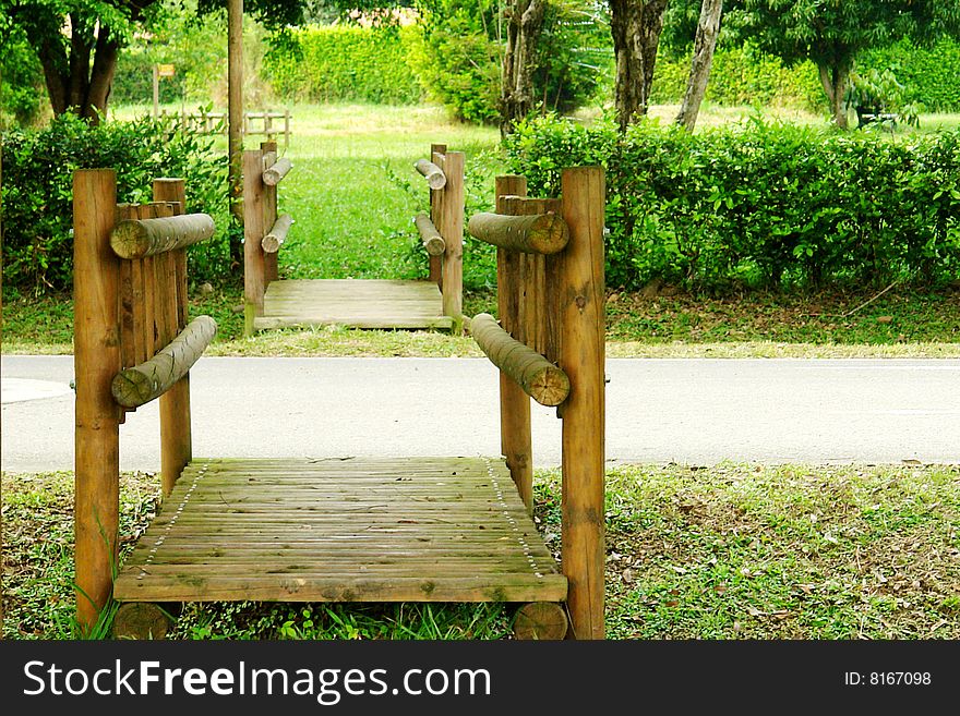 Bridge with tropical wood on green background