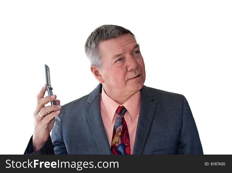Portrait of a senior businessman with cell phone, isolated on a white background. Portrait of a senior businessman with cell phone, isolated on a white background.