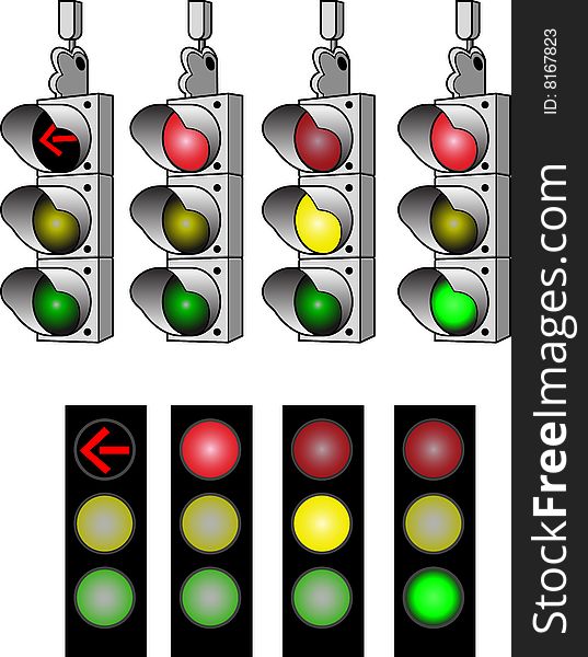 These are a variety of stoplights with different colors lit.  They are  based illustrations. These are a variety of stoplights with different colors lit.  They are  based illustrations