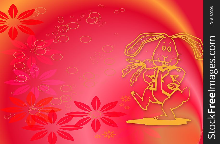 Illustration for Easter with a dancing bunny and flowers on colourful background. Illustration for Easter with a dancing bunny and flowers on colourful background