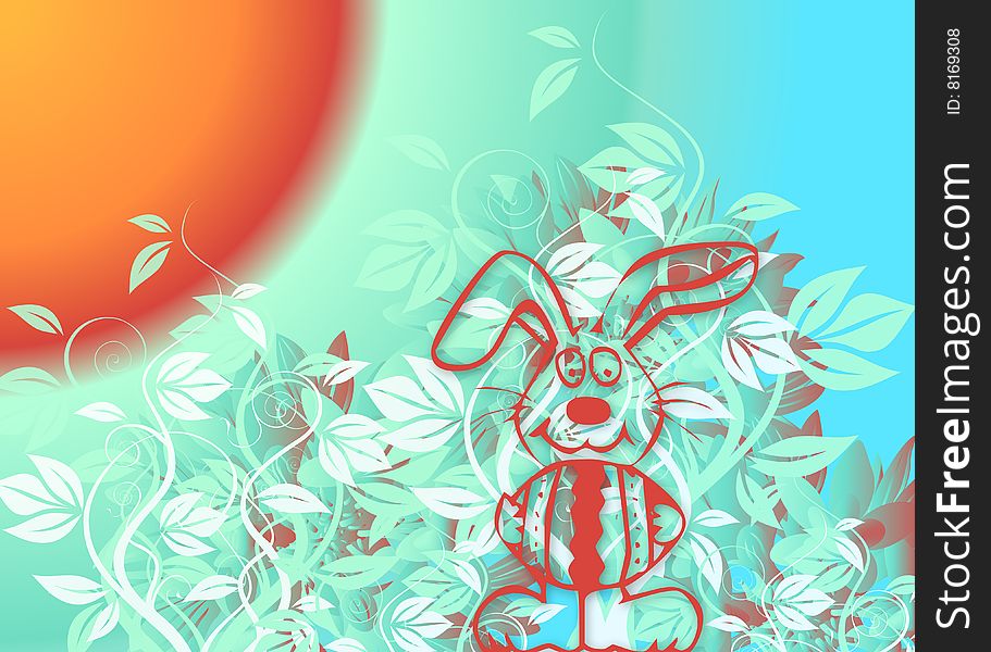 Illustration for Easter with a bunny and flowers on colourful background. Illustration for Easter with a bunny and flowers on colourful background