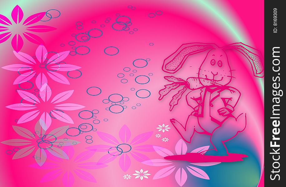Illustration for Easter with a dancing bunny and flowers on colourful background. Illustration for Easter with a dancing bunny and flowers on colourful background