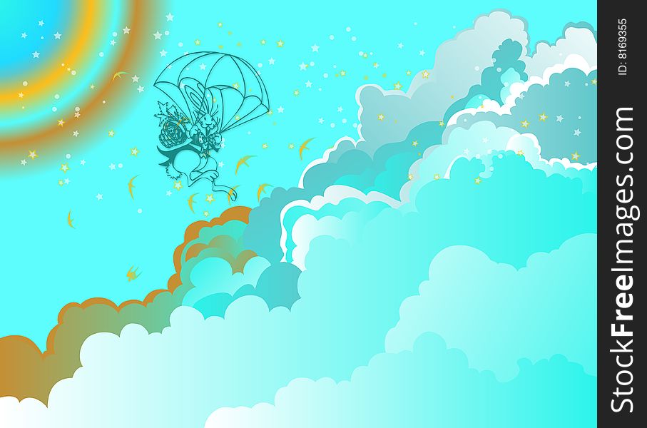 Illustration for Easter with a bunny skydiving surrounded with gorgeous clouds. Illustration for Easter with a bunny skydiving surrounded with gorgeous clouds