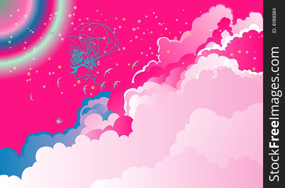 Illustration for Easter with a bunny skydiving surrounded with gorgeous clouds. Illustration for Easter with a bunny skydiving surrounded with gorgeous clouds