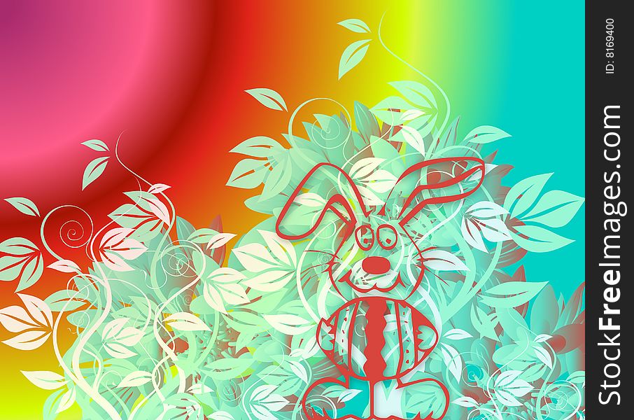 Illustration for Easter with a bunny and flowers on colourful background. Illustration for Easter with a bunny and flowers on colourful background