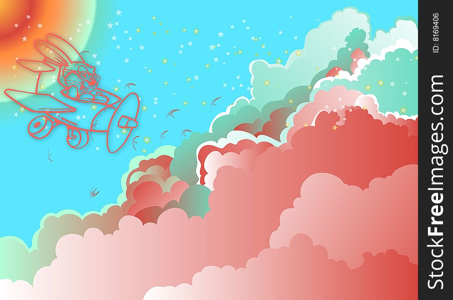 Illustration for Easter with a bunny flying high in the sky on a plane surrounded with gorgeous clouds. Illustration for Easter with a bunny flying high in the sky on a plane surrounded with gorgeous clouds