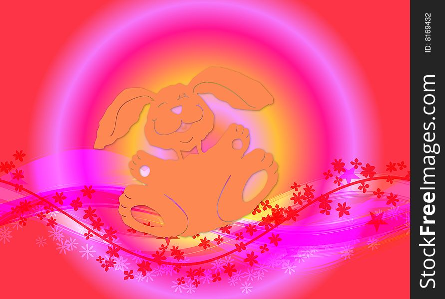 Illustration for Easter with a happy bunny and flowers on colourful background. Illustration for Easter with a happy bunny and flowers on colourful background