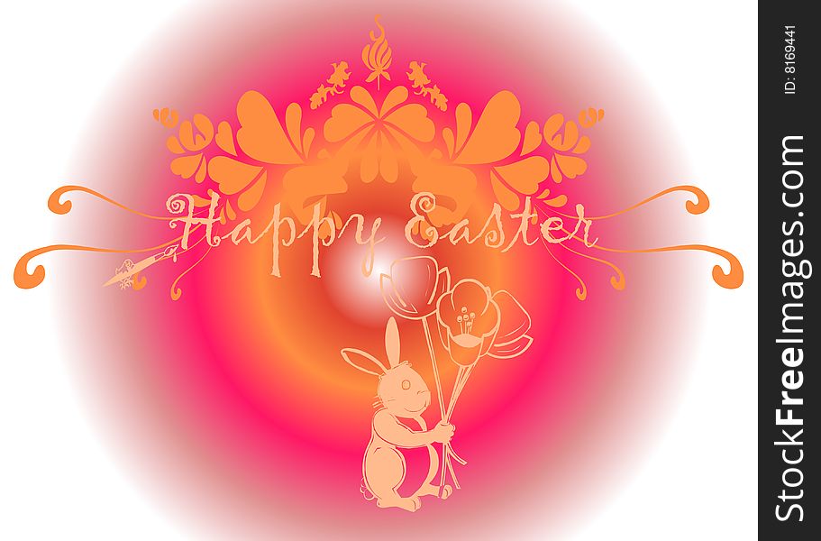Happy easter illustration with a bunny and flowers on colorful background. Happy easter illustration with a bunny and flowers on colorful background