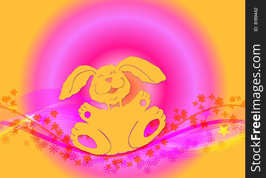 Illustration for Easter with a happy bunny and flowers on colourful background. Illustration for Easter with a happy bunny and flowers on colourful background