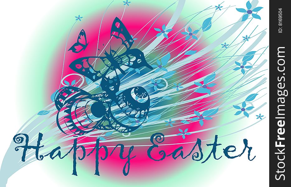 Happy Easter Illustration with a butterfly and flowers on colorful background. Happy Easter Illustration with a butterfly and flowers on colorful background