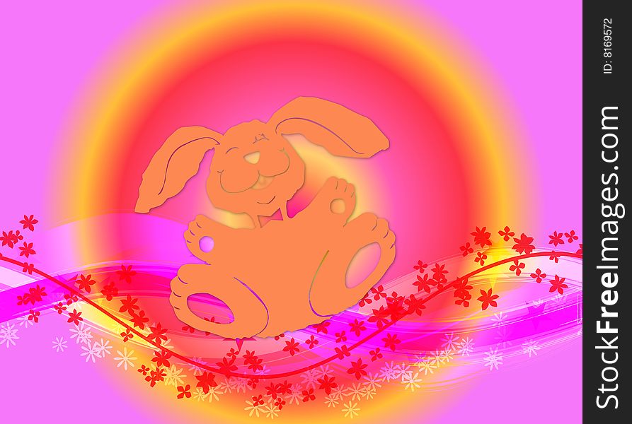Illustration for Easter with a happy bunny and flowers on colourful background. Illustration for Easter with a happy bunny and flowers on colourful background