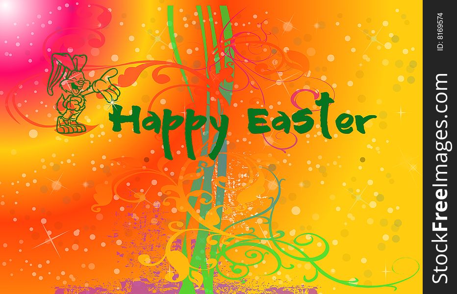 Happy Easter Illustration with a bunny and flowers on colorful background. Happy Easter Illustration with a bunny and flowers on colorful background