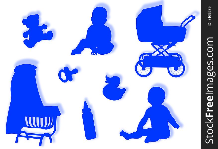 Baby silhouettes with baby objects and game silhouettes. Baby silhouettes with baby objects and game silhouettes