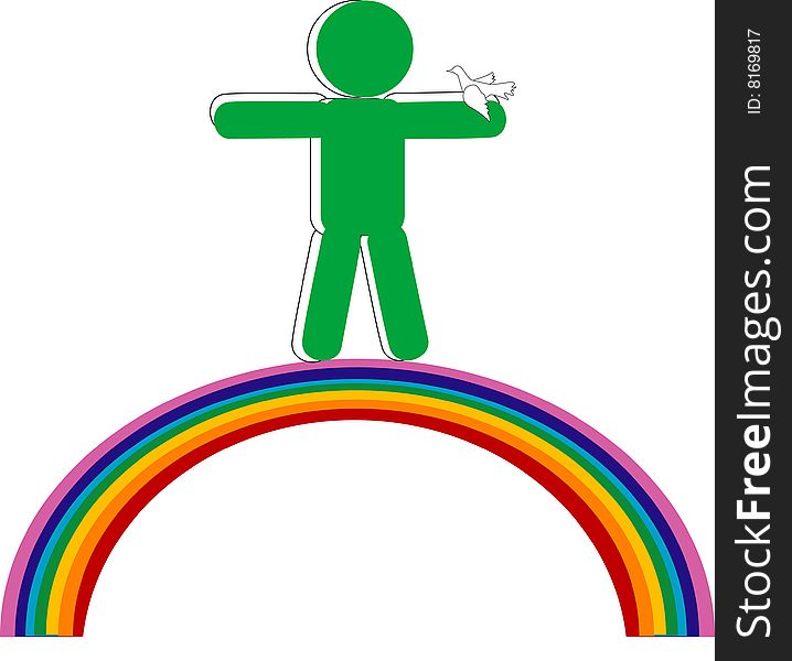 Persons stand on rainbow with dove on hand. Persons stand on rainbow with dove on hand
