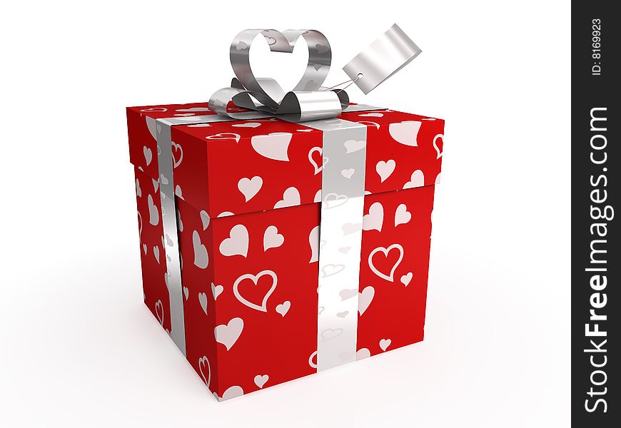 Red gift box with hearts, bow and tag, isolated on white