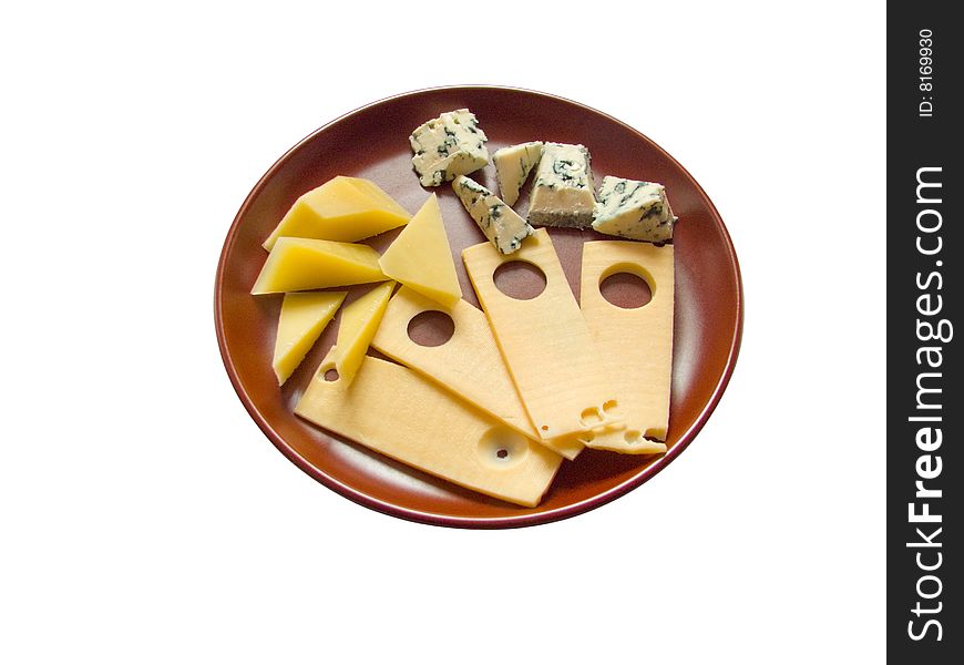 Dish with snack from several sorts of the tasty aromatic cheese