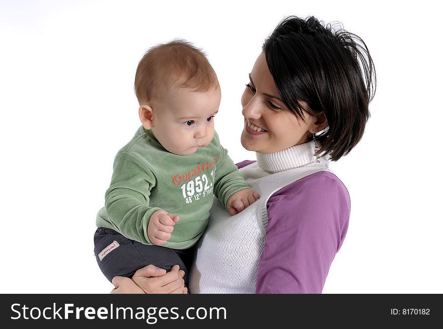 Mom and little baby boy over white background