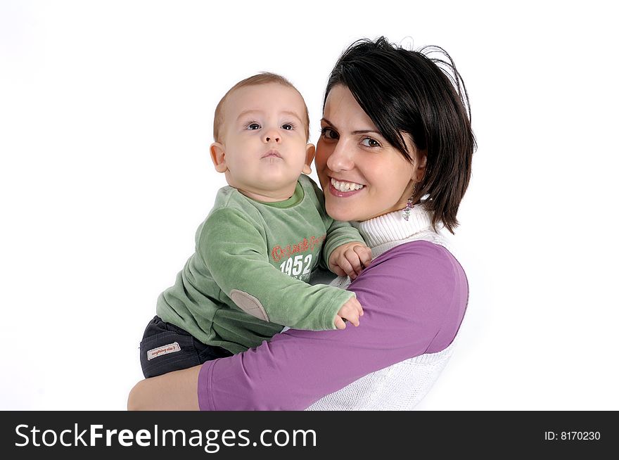 Mom and little baby boy over white background