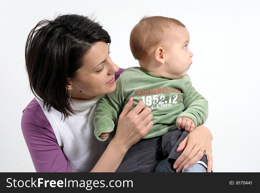 Mom and little baby boy over white background