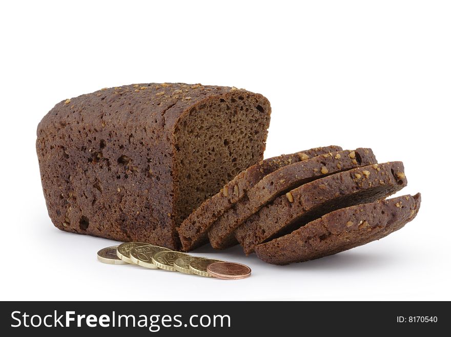 Rye bread in slices and coins. A white background.