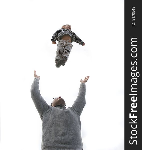 Flying boy over white background