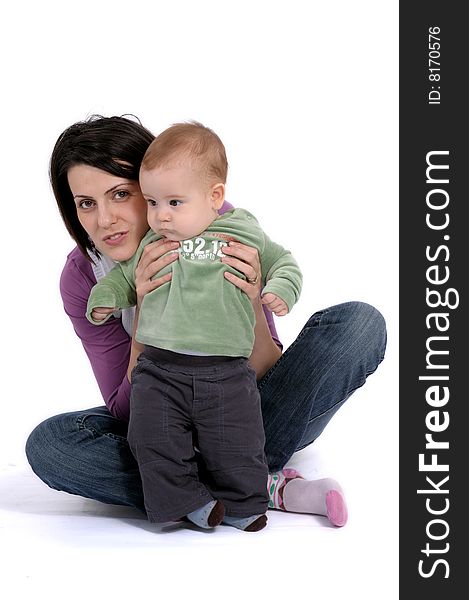 Mom and little baby boy over white background