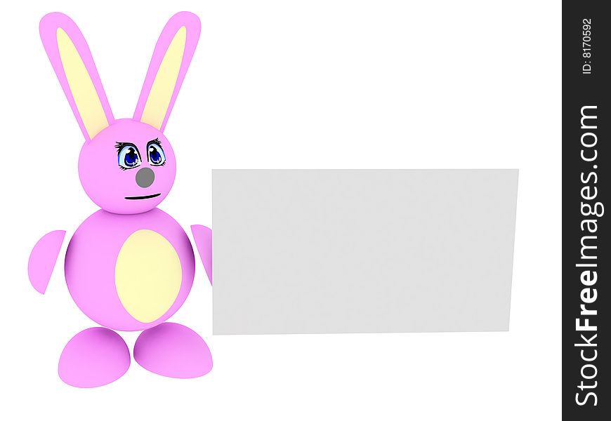 3d render of pink bunny with blank card. Isolated on white background.