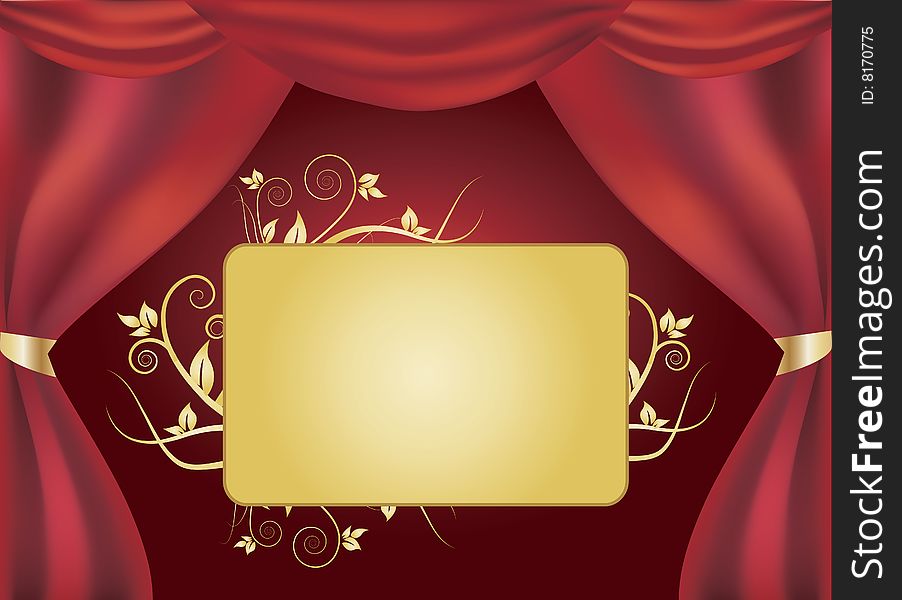 Golden shield with floral motives and a red curtain. Golden shield with floral motives and a red curtain