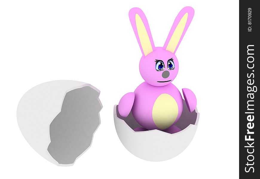 3d render of pink bunny in egg. Isolated on white background.