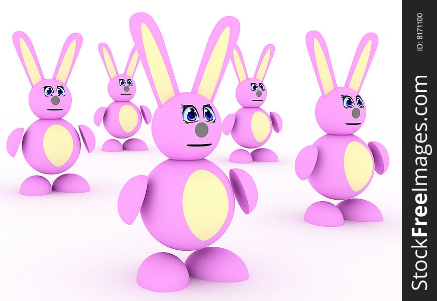 3d render of group of pink rabbits.