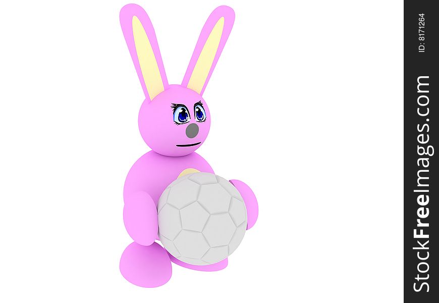 3d render of pink bunny with soccer ball. Isolated on white background.