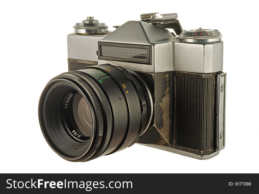 Old photographic camera with lens close up. Old photographic camera with lens close up