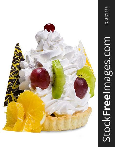 Cake with cream and fresh fruits, isolated on white. Cake with cream and fresh fruits, isolated on white