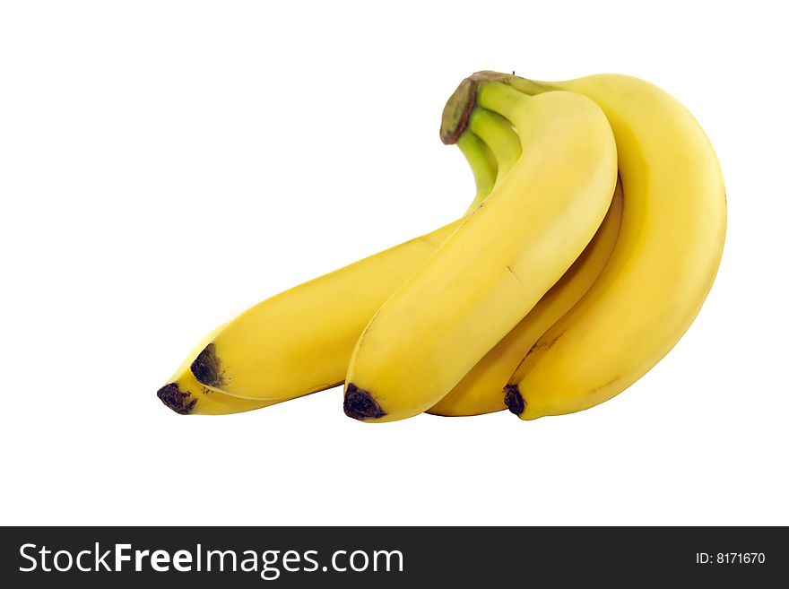 Five ripe bananas of yellow colour. The isolated object. A white background.