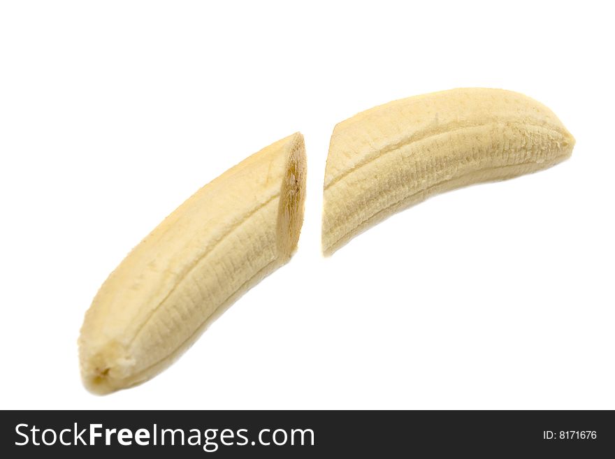 Sliced bananas without peel on white background