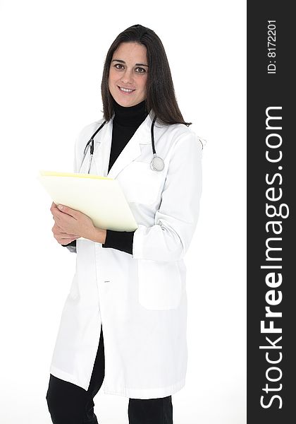 A beautiful female medical healthcare doctor wearing a stethoscope and carrying a notebook. A beautiful female medical healthcare doctor wearing a stethoscope and carrying a notebook