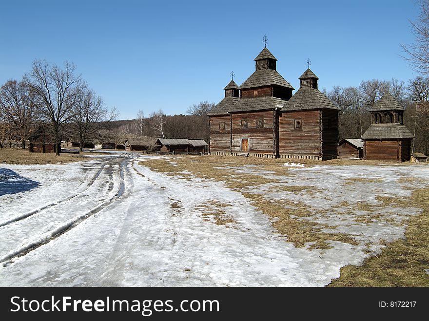 Winter landscape with old church. Winter landscape with old church.
