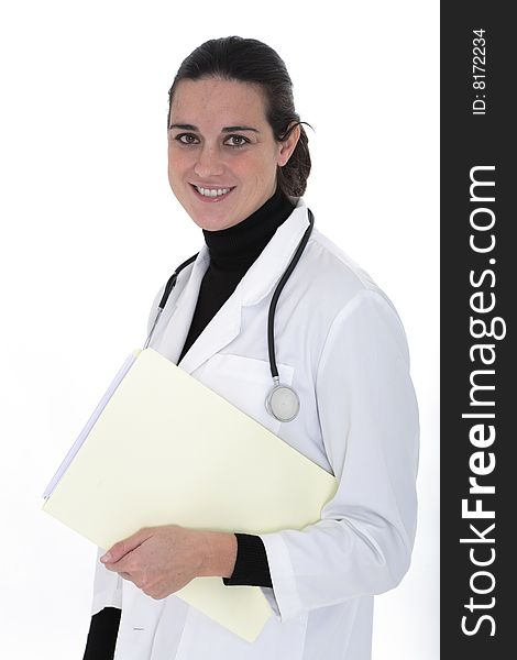 A beautiful female medical healthcare doctor wearing a stethoscope and carrying a notebook. A beautiful female medical healthcare doctor wearing a stethoscope and carrying a notebook