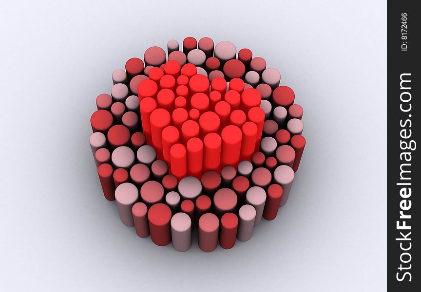 There is a cylinder pixel art that forming a heart. There is a cylinder pixel art that forming a heart.